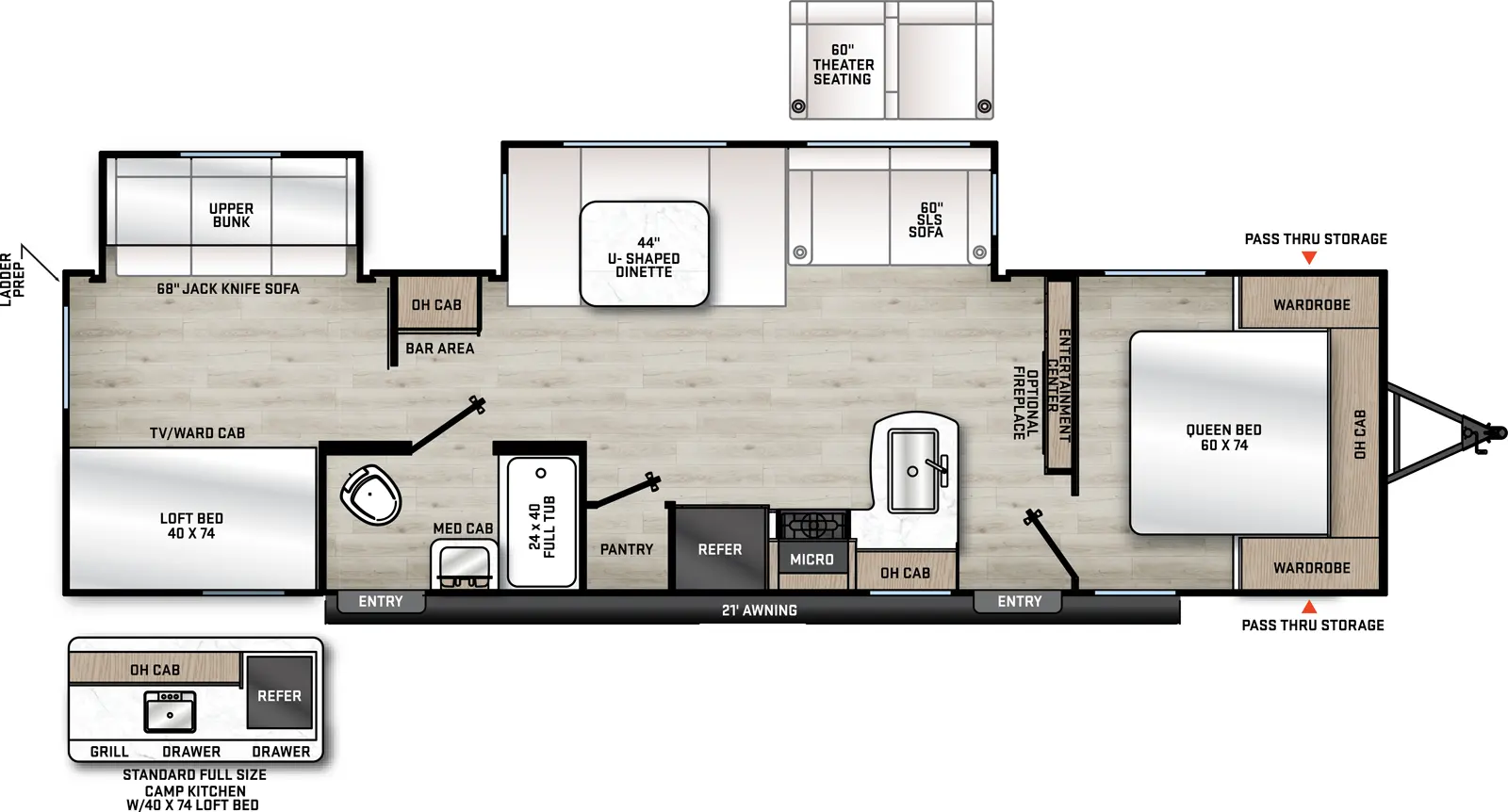 The 32BDS has 2 slide outs both on the off-door side and 2 entry doors. Exterior features include a standard full size camp kitchen with sink, grill, overhead cabinet, drawers and refrigerator; 21 foot awning over both entry doors; outside shower on the off-door side in between the slide outs, and front pass through storage. Interior layout from front to back: front bedroom with foot facing 60x74 Queen bed, wardrobes on each side of the bed and overhead shelf; living kitchen area with rear facing entertainment center and standard fireplace, off-door slide out holding U-shaped dinette and sofa, door side kitchen with refrigerator, overhead cabinets, overhead microwave, stovetop and double basin sink; door side side aisle bathroom with exterior door, 24x40 full tub, toilet, sink and medicine cabinet; pantry across from bathroom; rear bunk house with door side loft bed with TV/wardrobe cabinet under the loft bed; off-door side slide out with cube sofa below and flip bunk bed above.